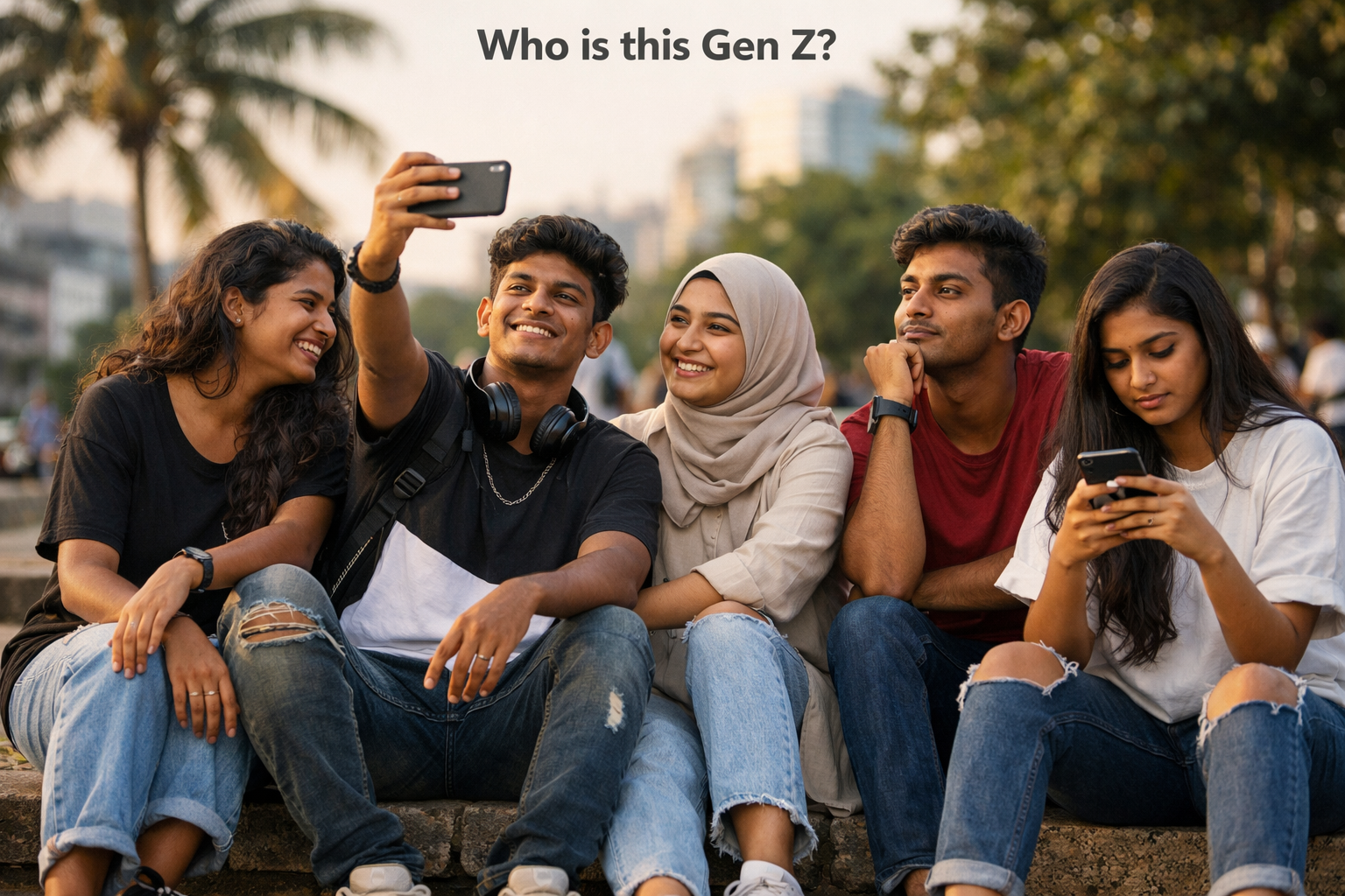 A diverse group of young Gen Z individuals using smartphones and laptops, representing the digitally native generation born between 1997 and 2012.